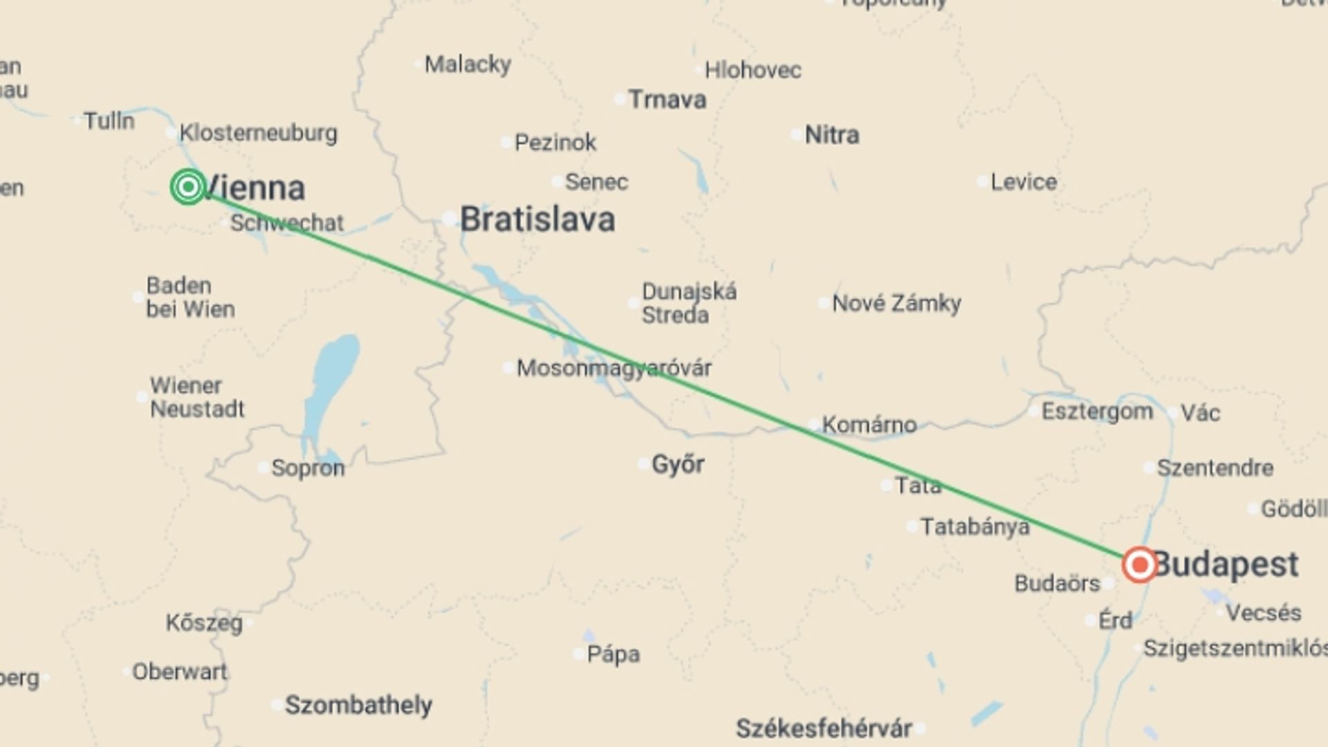 A map showing the tour itinerary for the trip: Vienna and Budapest, starting in Vienna, Austria and ending in Budapest, Hungary going through 0 other destinations.