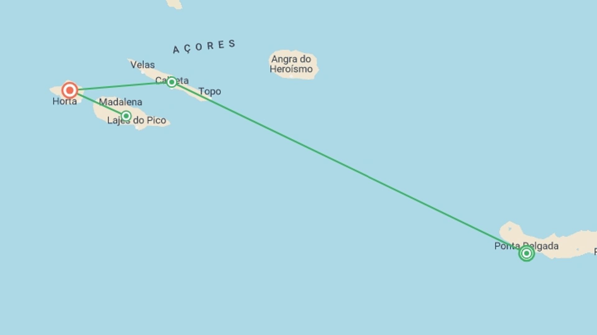 A map showing the tour itinerary for the trip: Highlights of the Azores, starting in Ponta delgada, Portugal and ending in Faial Island, Portugal going through 2 other destinations.
