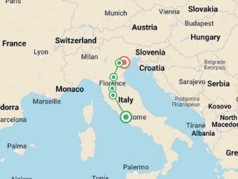Map of 9-Day Florence Tour with 6 destination visits for the trip: Italian Highlights