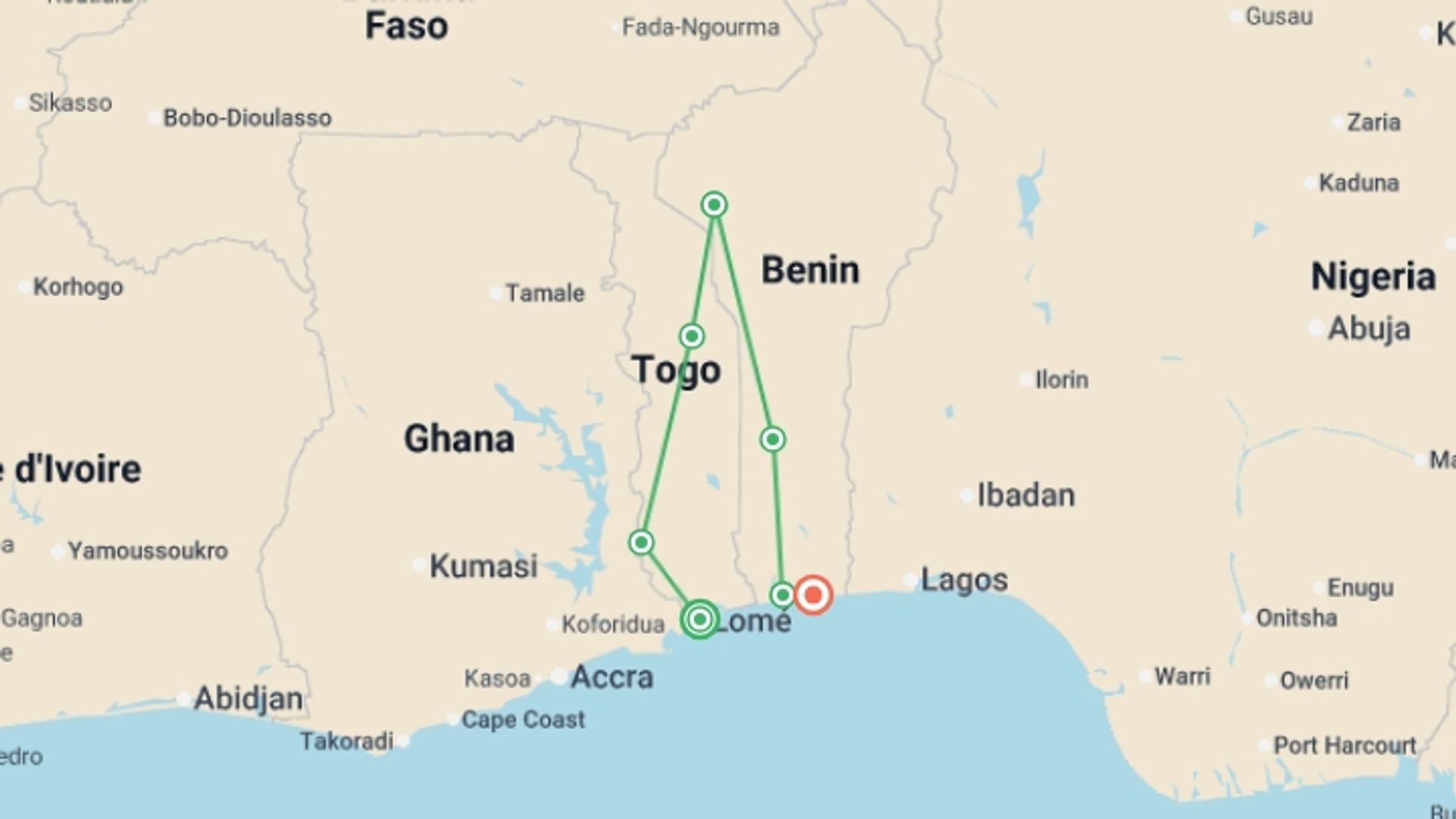 A map showing the tour itinerary for the trip: Togo and Benin: Local Markets, Koutammakou and Voodoo Traditions, starting in Lomé, Togo and ending in Cotonou, Benin going through 5 other destinations.