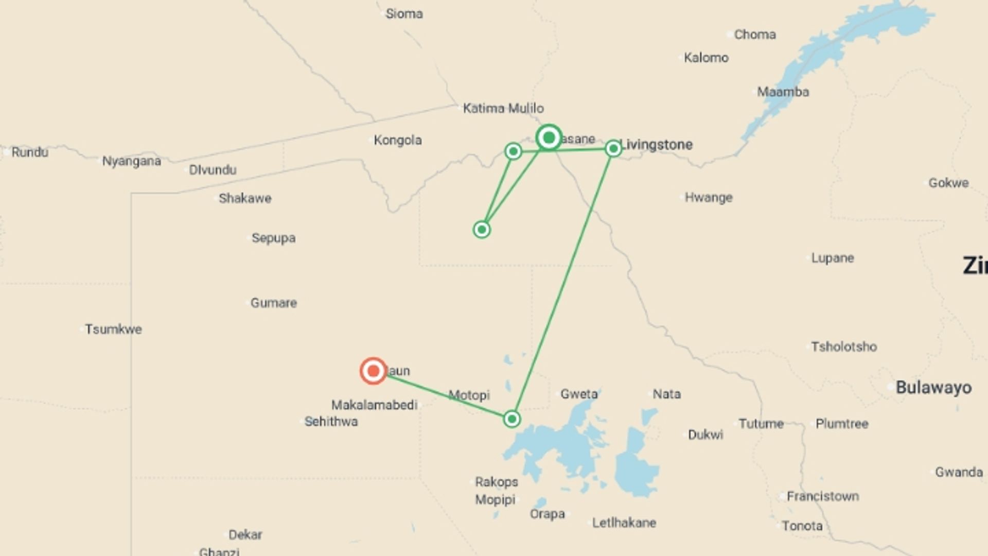 A map showing the tour itinerary for the trip: Premium Botswana, starting in Kasane, Botswana and ending in Maun, Botswana going through 4 other destinations.