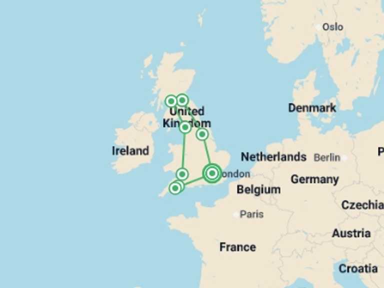 Map itinerary of Europe Tour in May 2026 with 8 destination visits for the trip: Best of Britain