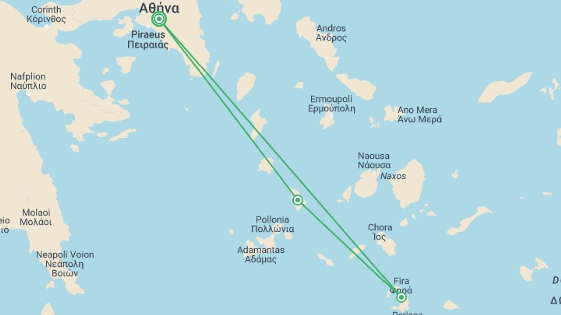 A map showing the tour itinerary for the trip: Aegean Trilogy: Athens, Sifnos & Santorini, starting in Athens, Greece and ending in Athens, Greece going through 2 other destinations.