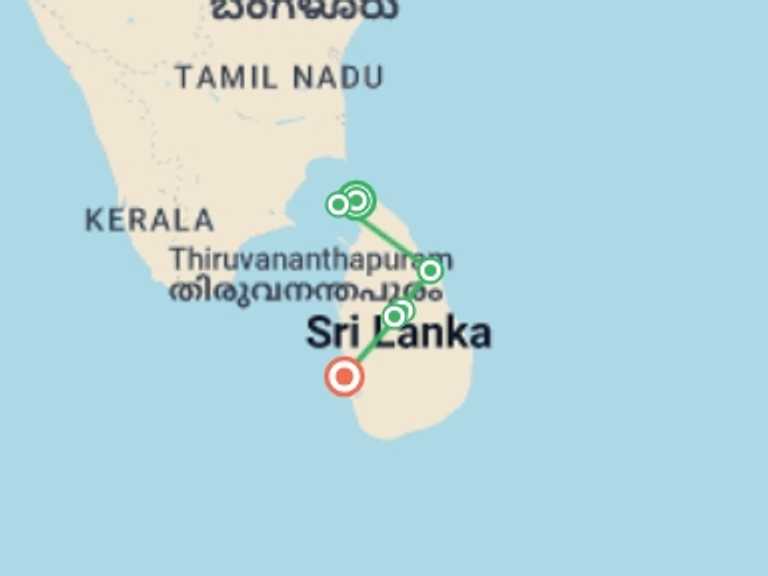 Map itinerary of South Asia Tour in March 2027 with 6 destination visits for the trip: A Taste of Northern Sri Lanka - Jaffna to Colombo