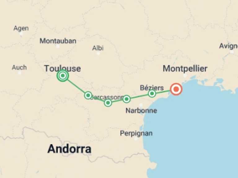 Map of Toulouse Tour with 6 destination visits for the trip: Canal du midi Cycling : from Toulouse to Sete
