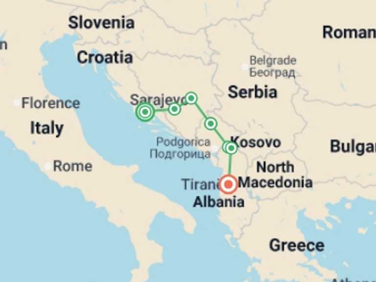 Map itinerary of Tirana Tour in Spring with 7 destination visits for the trip: Hiking the Balkans: Via Dinarica
