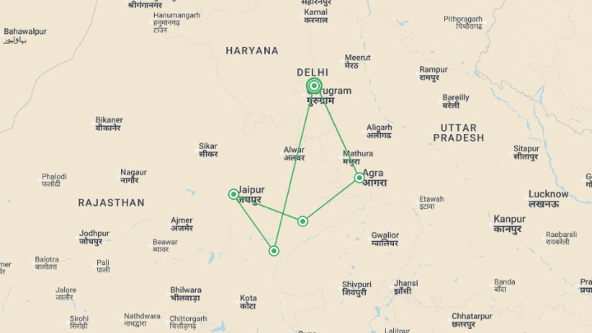 A map showing the tour itinerary for the trip: Golden Triangle & Tigers - 10 days, starting in New Delhi, India and ending in New Delhi, India going through 4 other destinations.