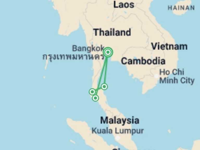 Map of Thailand Tour with 4 destination visits for the trip: Journeys: Explore Southern Thailand