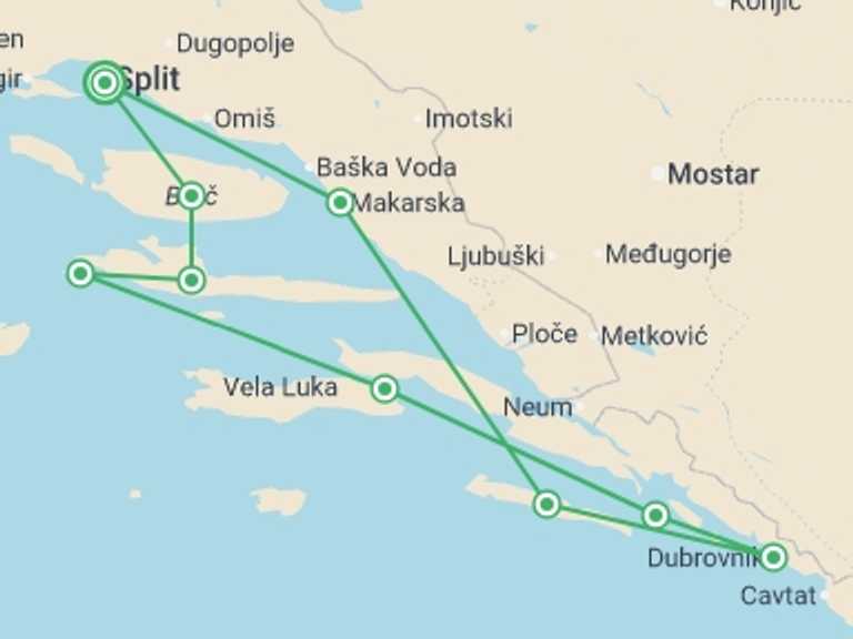 Map of Croatia Sailing, yachting and motor boating Tour with 8 destination visits for the trip: Sailing Split Premium Plus - 8 days