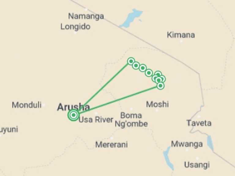Map itinerary of Tanzania Tour in November 2026 with 9 destination visits for the trip: Kilimanjaro Lemosho Route Trek: 8-Day Itinerary
