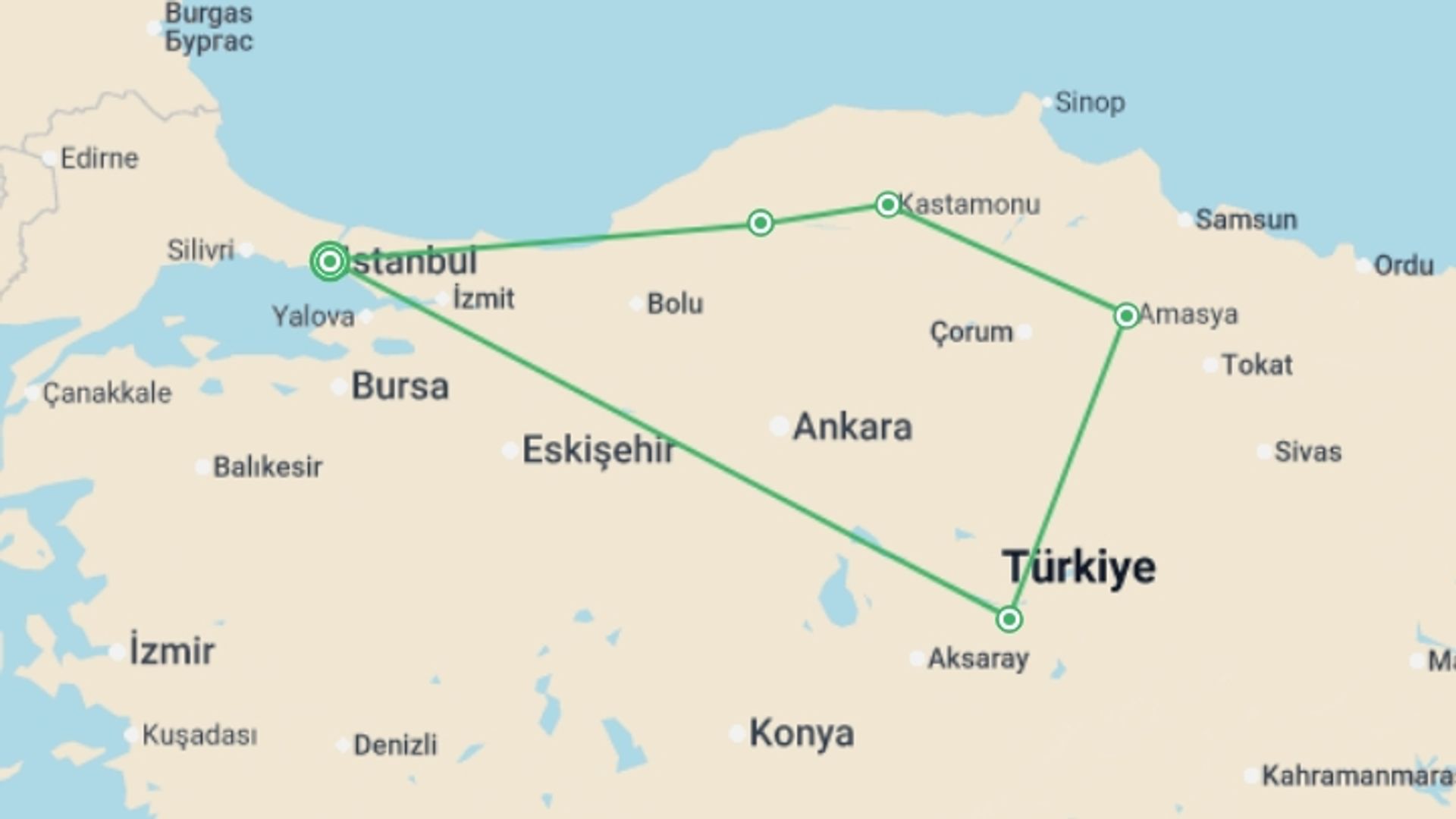 A map showing the tour itinerary for the trip: Pearl of Hattusa and Black Sea, starting in Istanbul, Turkey and ending in Istanbul, Turkey going through 4 other destinations.