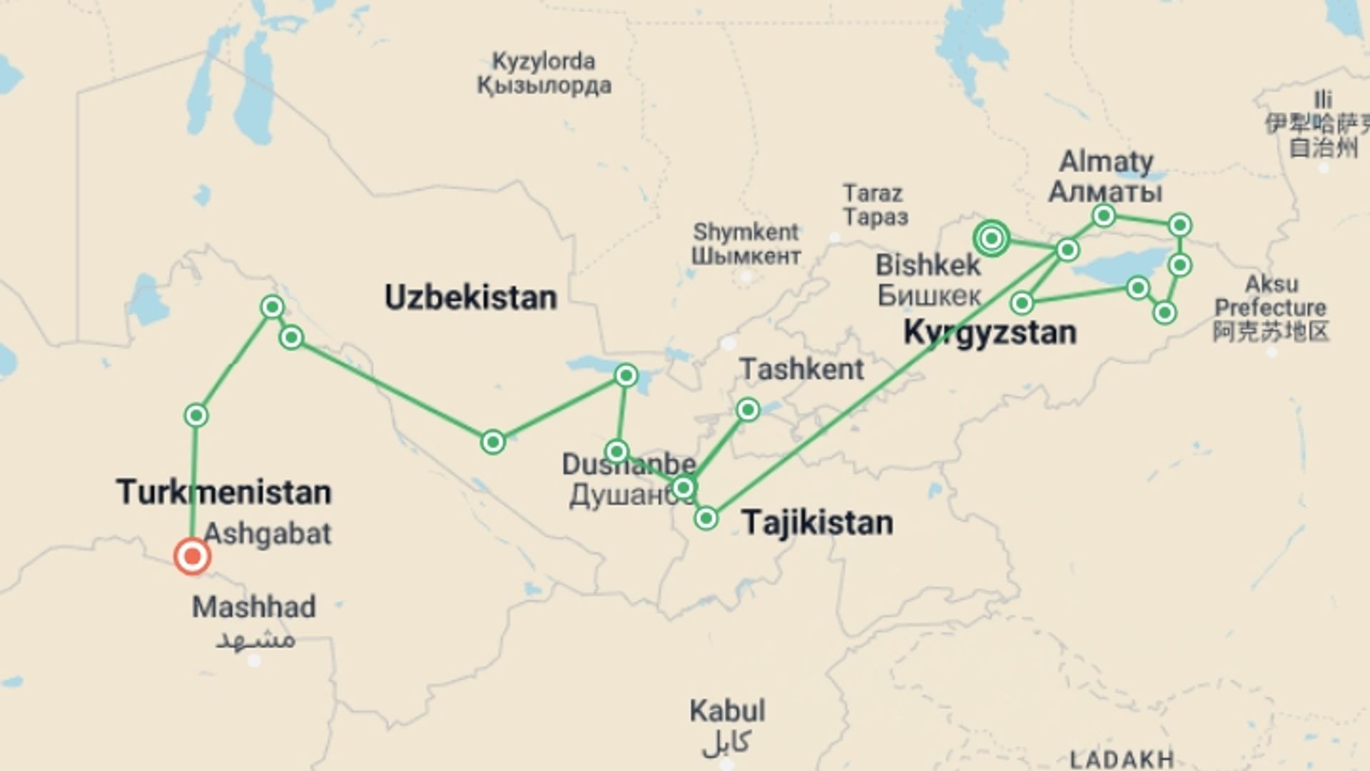 A map showing the tour itinerary for the trip: The Five Stans of the Silk Road, starting in Bishkek, Kyrgyzstan and ending in Ashgabat, Turkmenistan going through 17 other destinations.