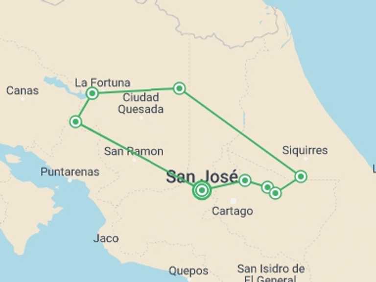 Map of 8-Day San Jose Tour with 5 destination visits for the trip: Multisport Through Volcanoes & Rivers (on Request)