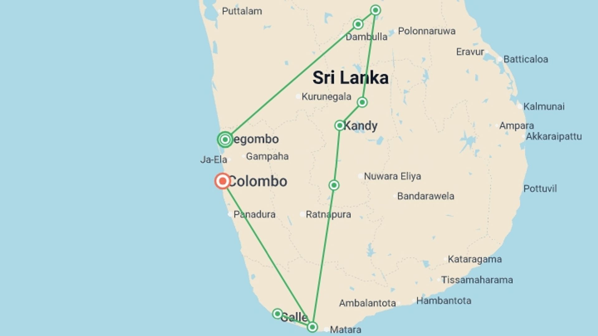A map showing the tour itinerary for the trip: Sri Lanka: Hike, Bike & Kayak, starting in Negombo, Sri Lanka and ending in Colombo, Sri Lanka going through 6 other destinations.