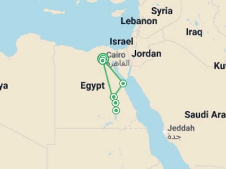 Map itinerary of Africa Tour in February 2026 with 6 destination visits for the trip: Egypt Nile Jewel with 5* Boat Cruise