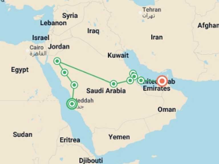 Map itinerary of Dubai Tour in December 2025 with 10 destination visits for the trip: Mysteries of Arabia and beauties of the Persian Gulf end Dubai