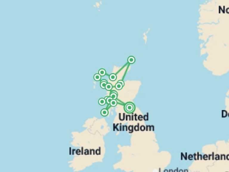 Map itinerary of Europe Tour in September 2026 with 10 destination visits for the trip: Scottish Islands Encompassed - 17 days
