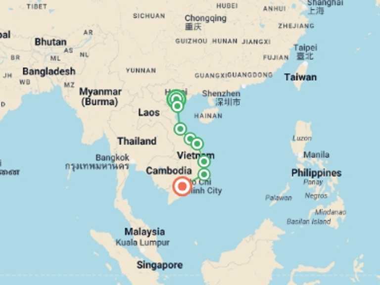 Map itinerary of Hanoi Tour in September 2026 with 8 destination visits for the trip: Ultimate Vietnam: Big Cities, Beaches & The Best Views Ever