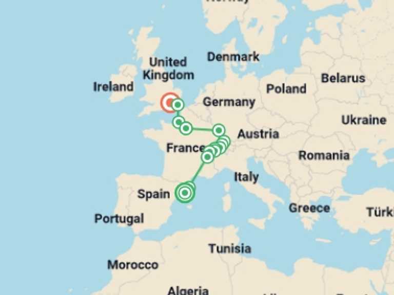 Map of France and Spain Tour with 8 destination visits for the trip: Green Panorama end London