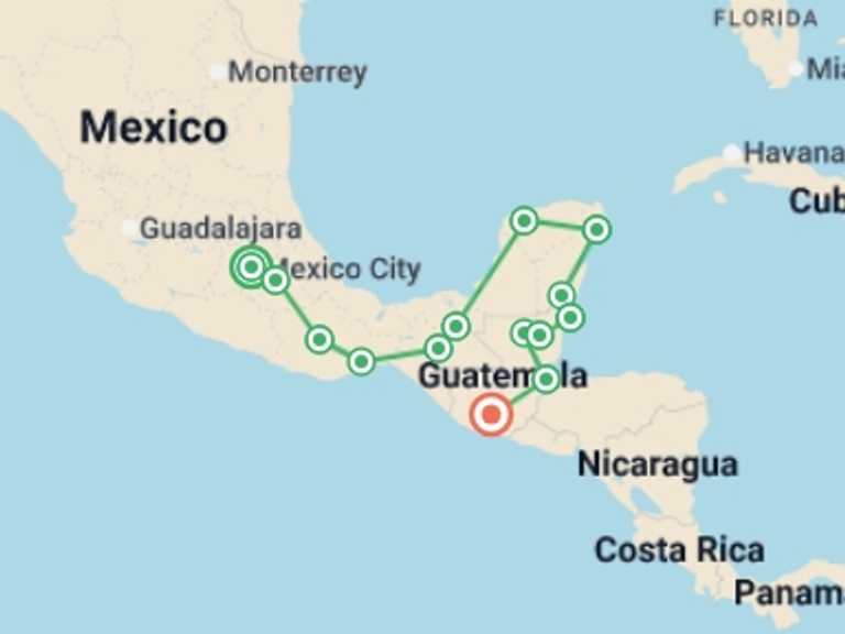 Map of North America Tour with 14 destination visits for the trip: Mexico City to Guatemala