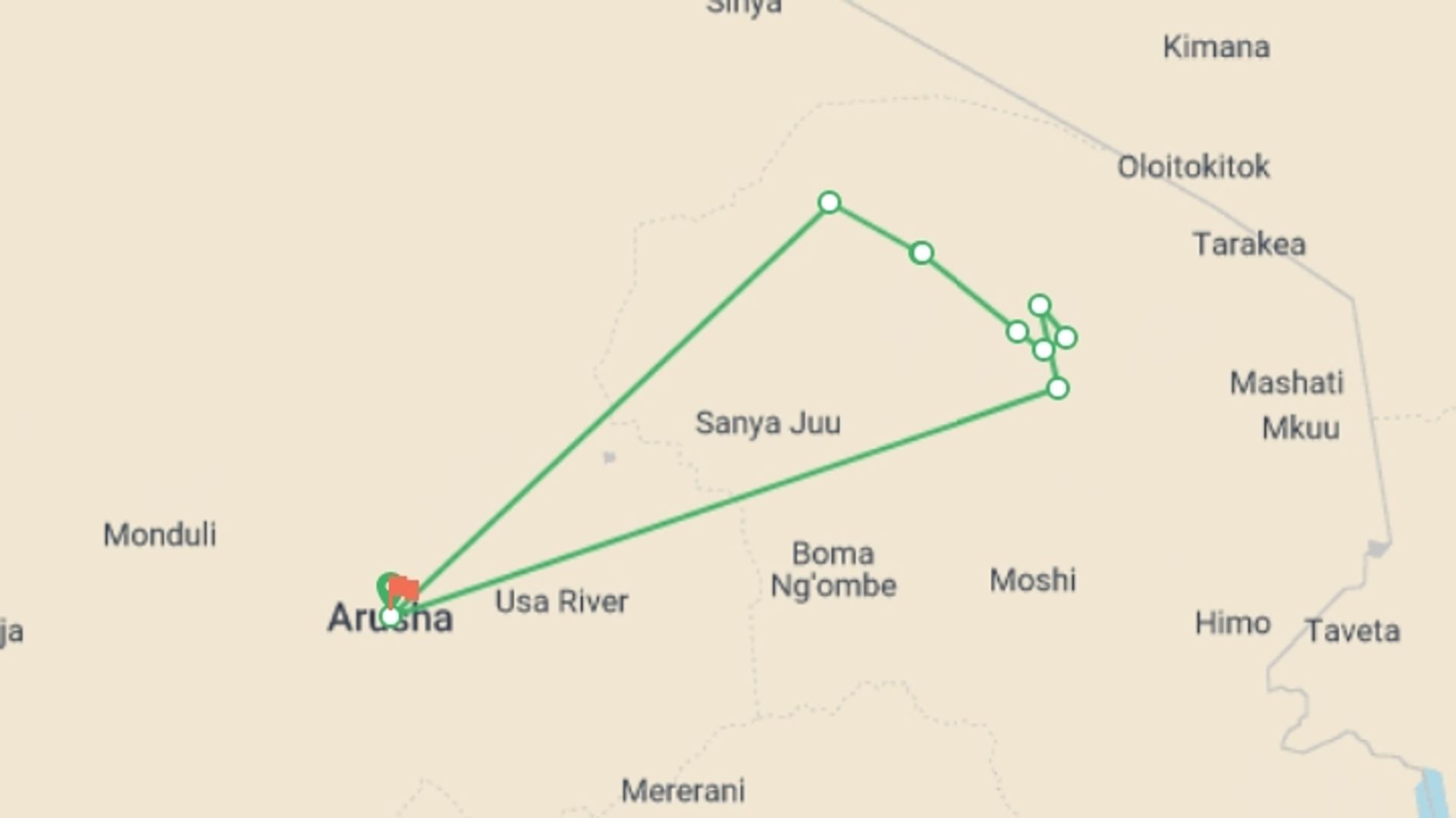 A map showing the tour itinerary for the trip: Kilimanjaro - Lemosho route, 8 days, starting in Arusha, Tanzania and ending in Arusha, Tanzania going through 9 other destinations.