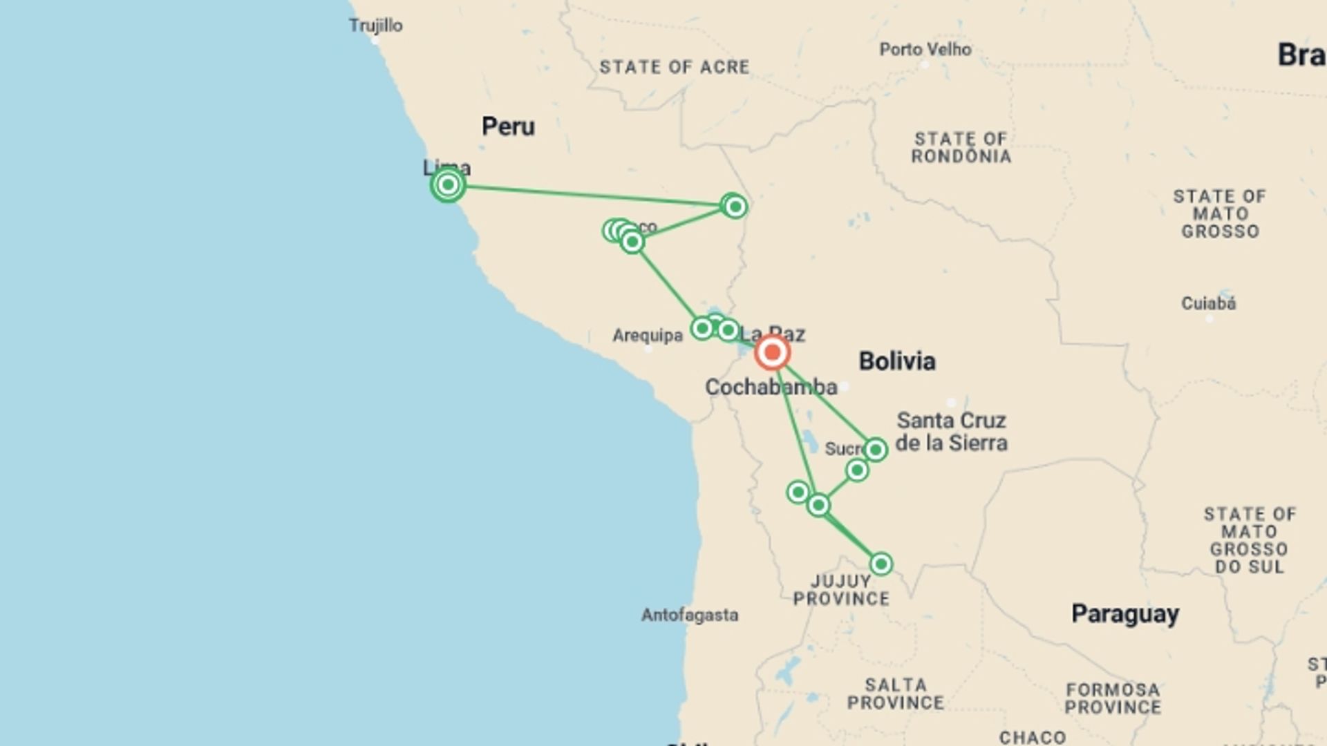 A map showing the tour itinerary for the trip: Explore Peru & Bolivia, starting in Lima, Peru and ending in La Paz, Bolivia going through 10 other destinations.