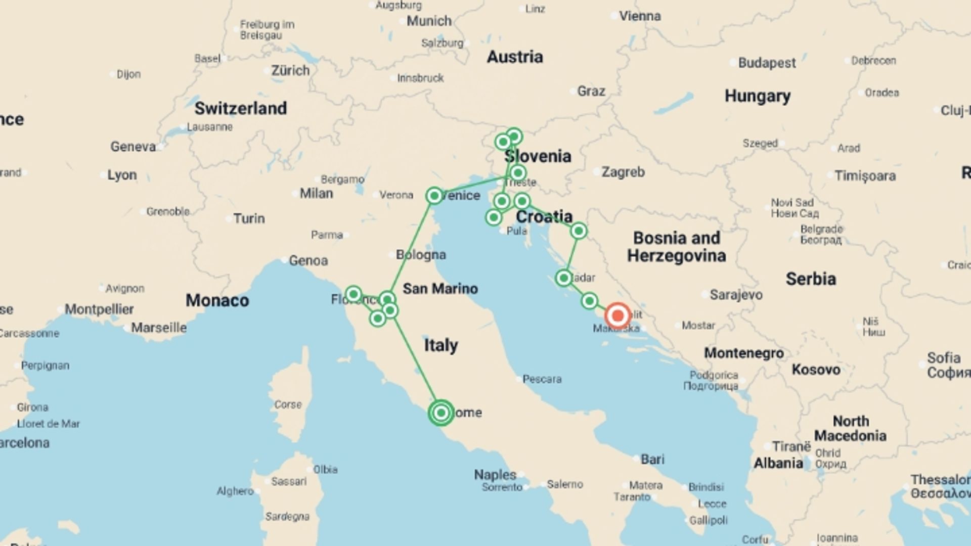 A map showing the tour itinerary for the trip: Premium Rome to Split, starting in Rome, Italy and ending in Split, Croatia going through 8 other destinations.