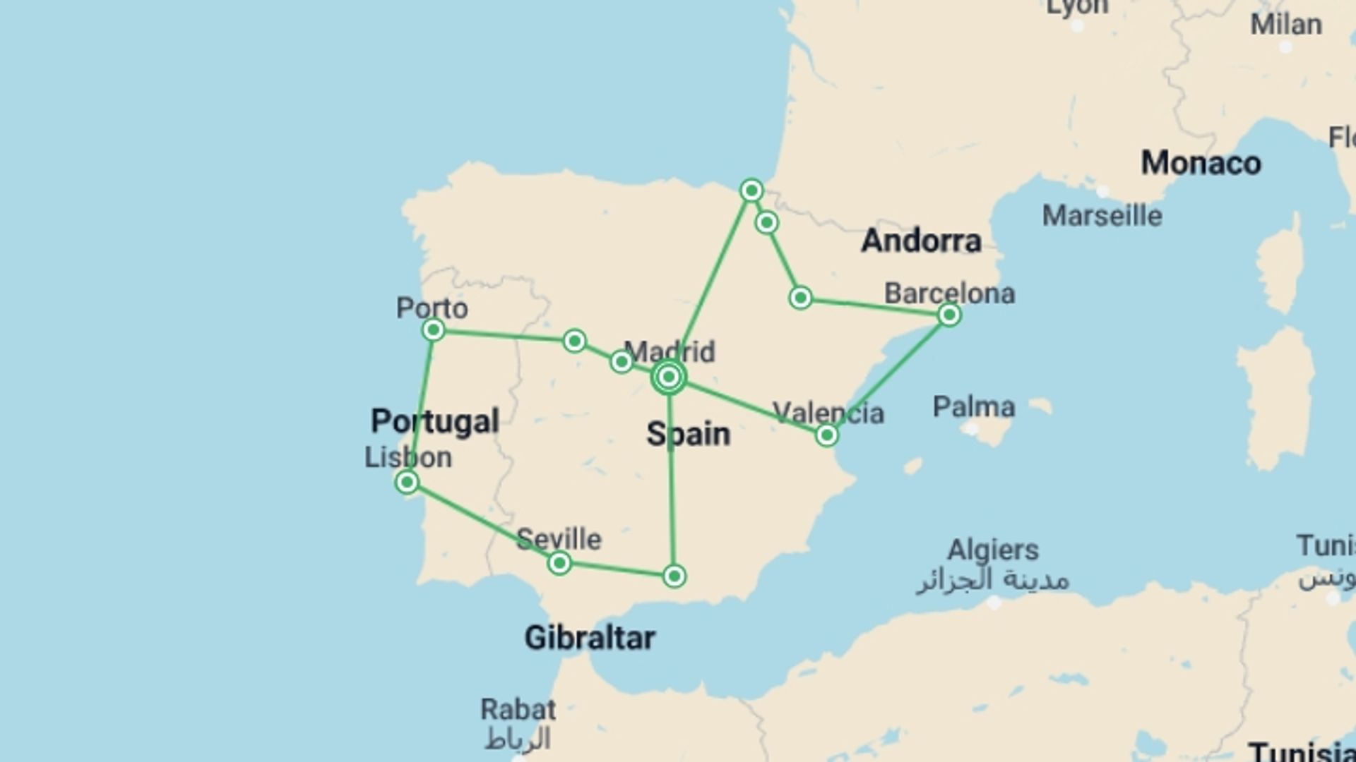 A map showing the tour itinerary for the trip: Spain & Portugal Explorer, starting in Madrid, Spain and ending in Madrid, Spain going through 9 other destinations.