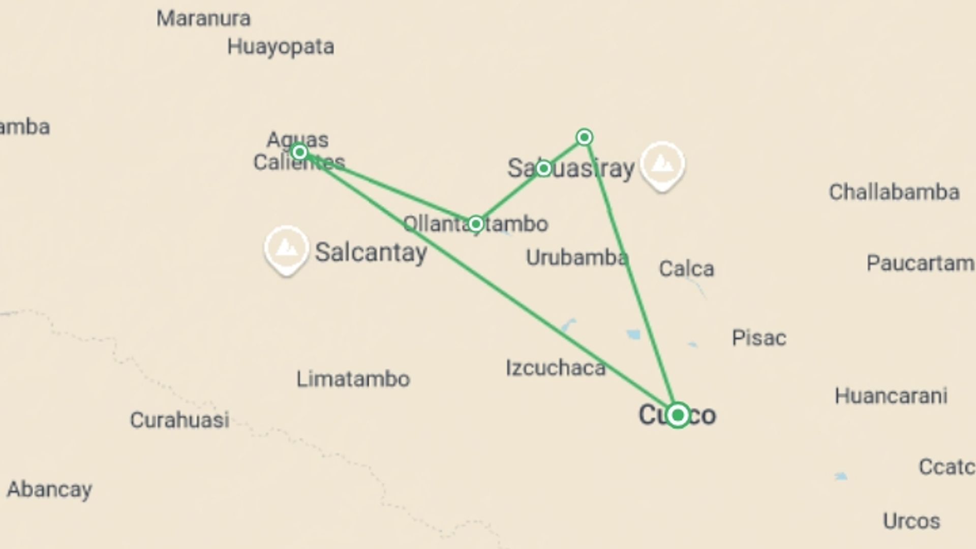 A map showing the tour itinerary for the trip: 4 Day - Lares Trek to Machu Picchu | Group Tour, starting in Cusco, Peru and ending in Cusco, Peru going through 5 other destinations.