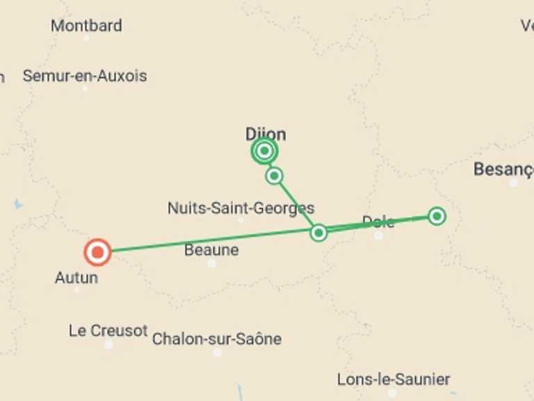 Map itinerary of Dijon Tour in Spring with 5 destination visits for the trip: Remarkable Sites and Fine Wines on a Cruise through the Doubs Valley and Burgundy (port-to-port cruise)