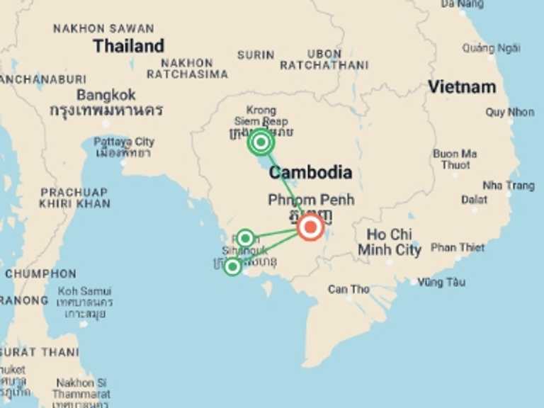 Map of Cambodia Tour with 4 destination visits for the trip: Solo-ish Cambodia