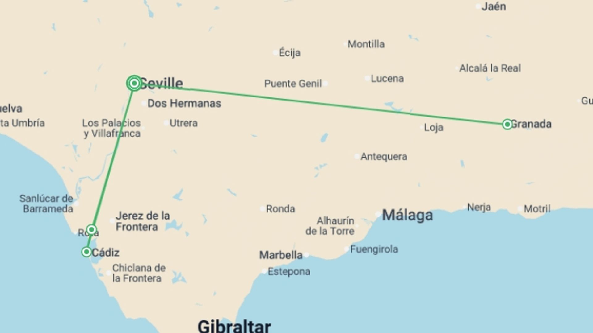 A map showing the tour itinerary for the trip: Family Club - Andalusia: Traditions, Gastronomy and Flamenco (port-to-port cruise), starting in Seville, Spain and ending in Seville, Spain going through 2 other destinations.