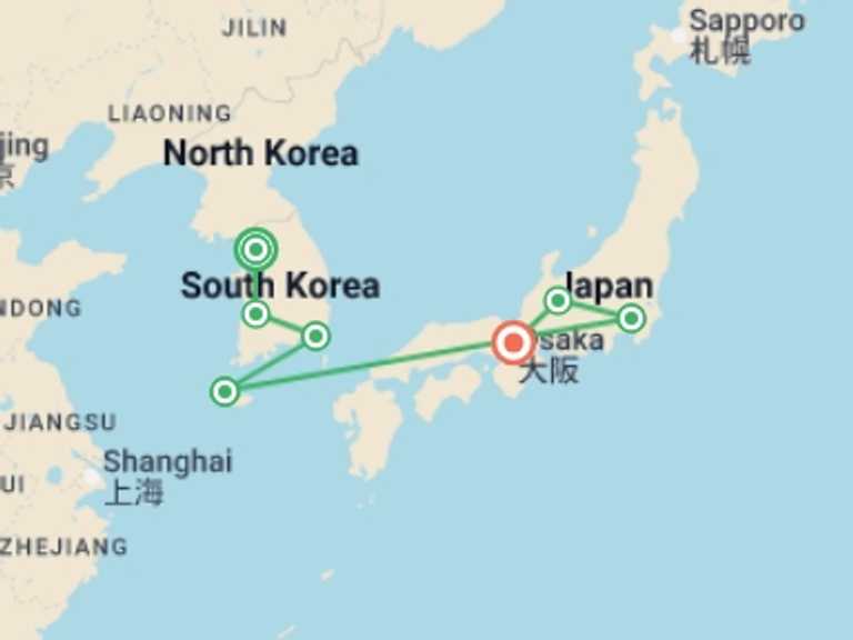 Map itinerary of Asia Tour in April 2027 with 7 destination visits for the trip: Korea to Japan: Epic Eats & Bright City Lights