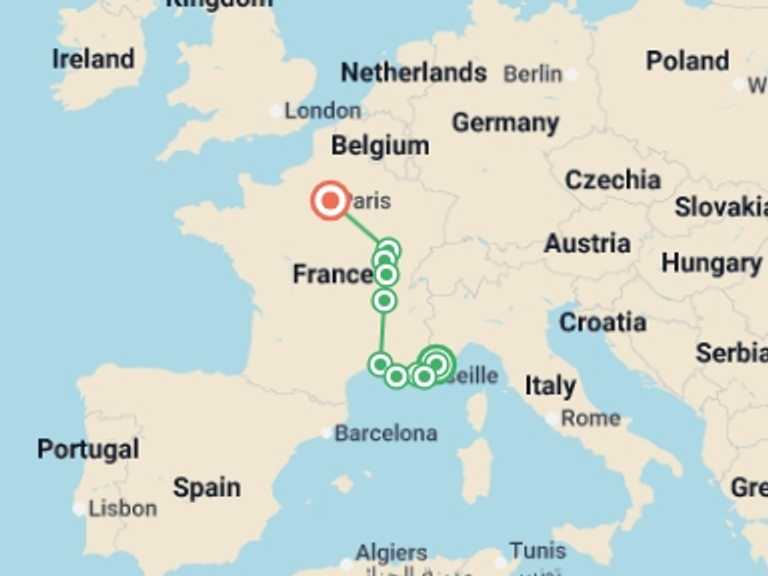 Map of Europe Explorer Tour with 5 destination visits for the trip: Solo lite Fantastic France