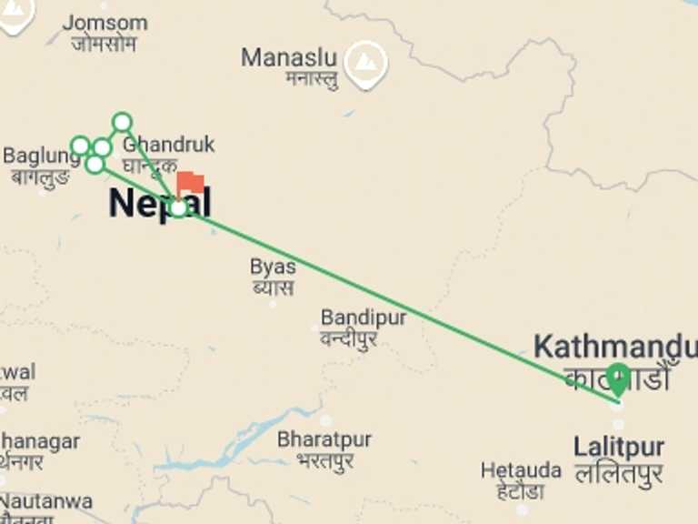 Map itinerary of Nepal Tour in Winter with 7 destination visits for the trip: Poonhill Trek