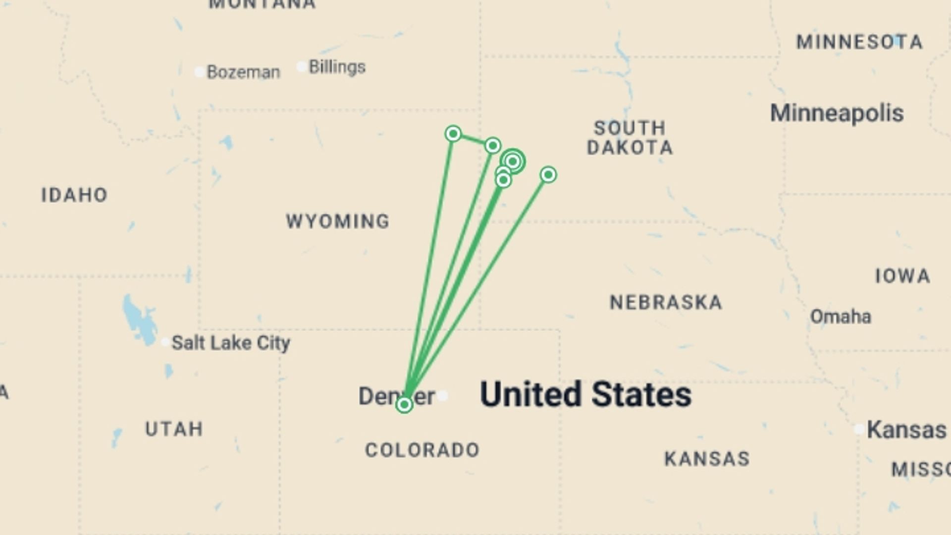 A map showing the tour itinerary for the trip: Mount Rushmore & South Dakota's Black Hills - 6 days, starting in Rapid City, USA and ending in Rapid City, USA going through 1 other destinations.