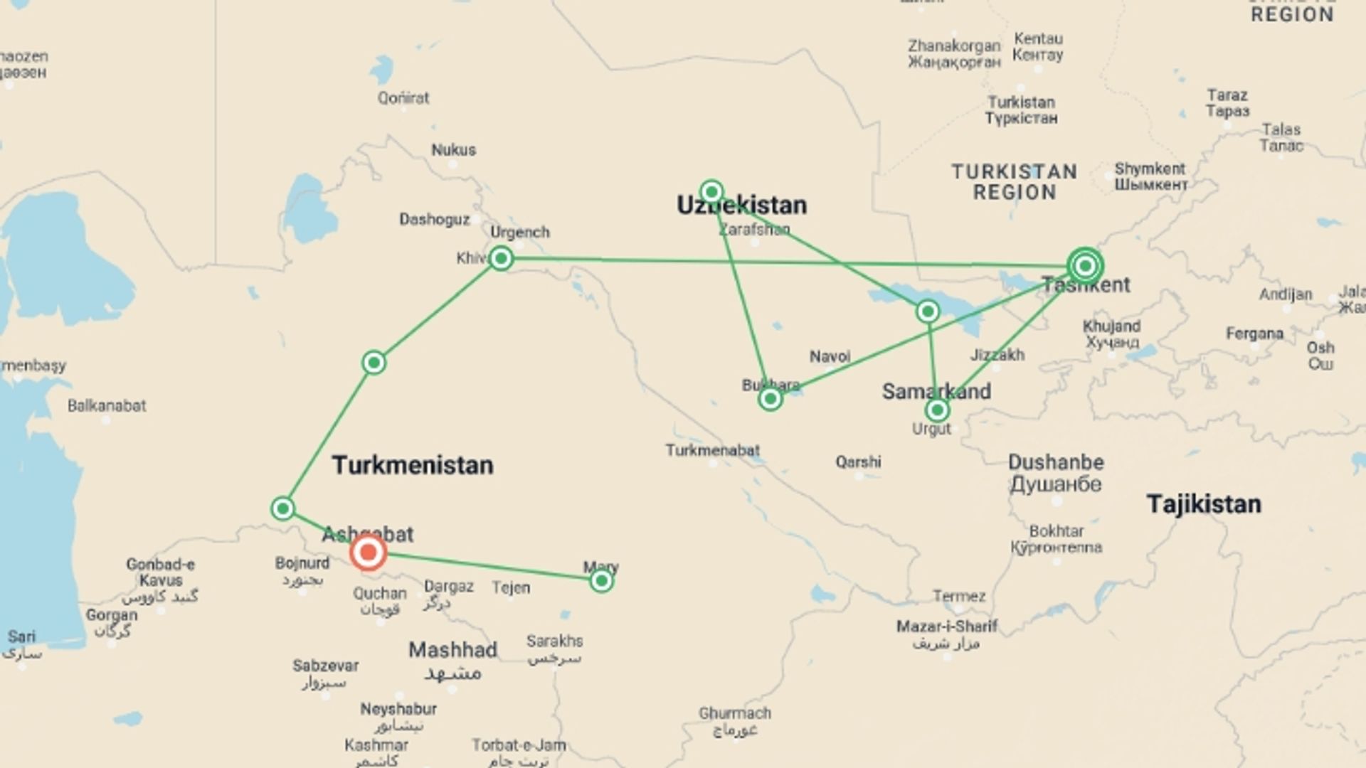 A map showing the tour itinerary for the trip: Uzbekistan & Turkmenistan Adventure, starting in Tashkent, Uzbekistan and ending in Ashgabat, Turkmenistan going through 8 other destinations.