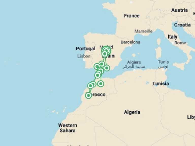 Map of 12-Day Marrakech Tour with 7 destination visits for the trip: Andalusia & Morocco (multi Country)