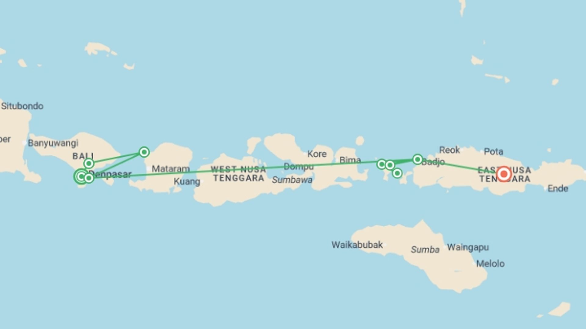 A map showing the tour itinerary for the trip: Indonesia Island Hopping, starting in Seminyak , Indonesia and ending in Flores Island, Indonesia going through 7 other destinations.