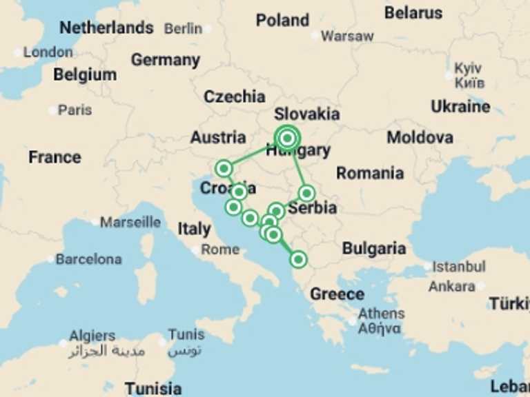 Map of Croatia Tour with 9 destination visits for the trip: Best of Balkans