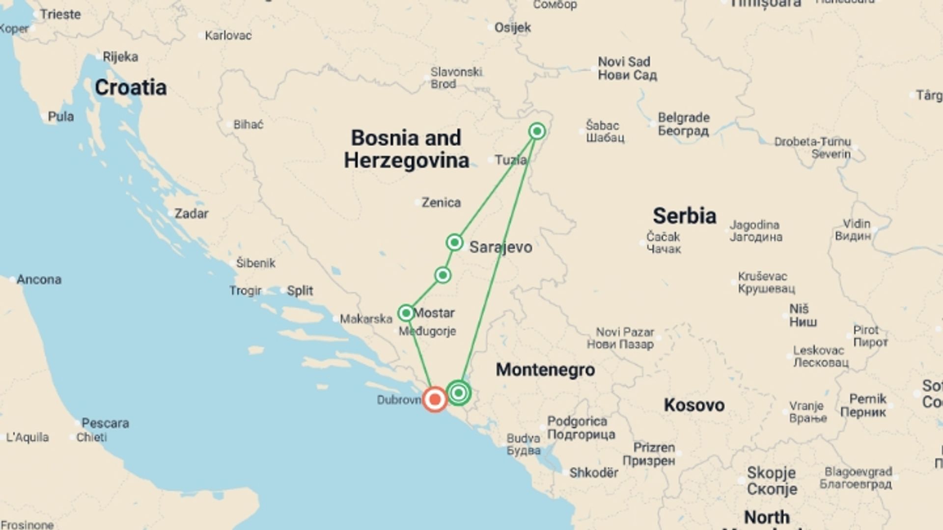 A map showing the tour itinerary for the trip: Walking in Bosnia & Herzegovina, starting in Trebinje, Bosnia Herzegovina and ending in Dubrovnik, Croatia going through 4 other destinations.