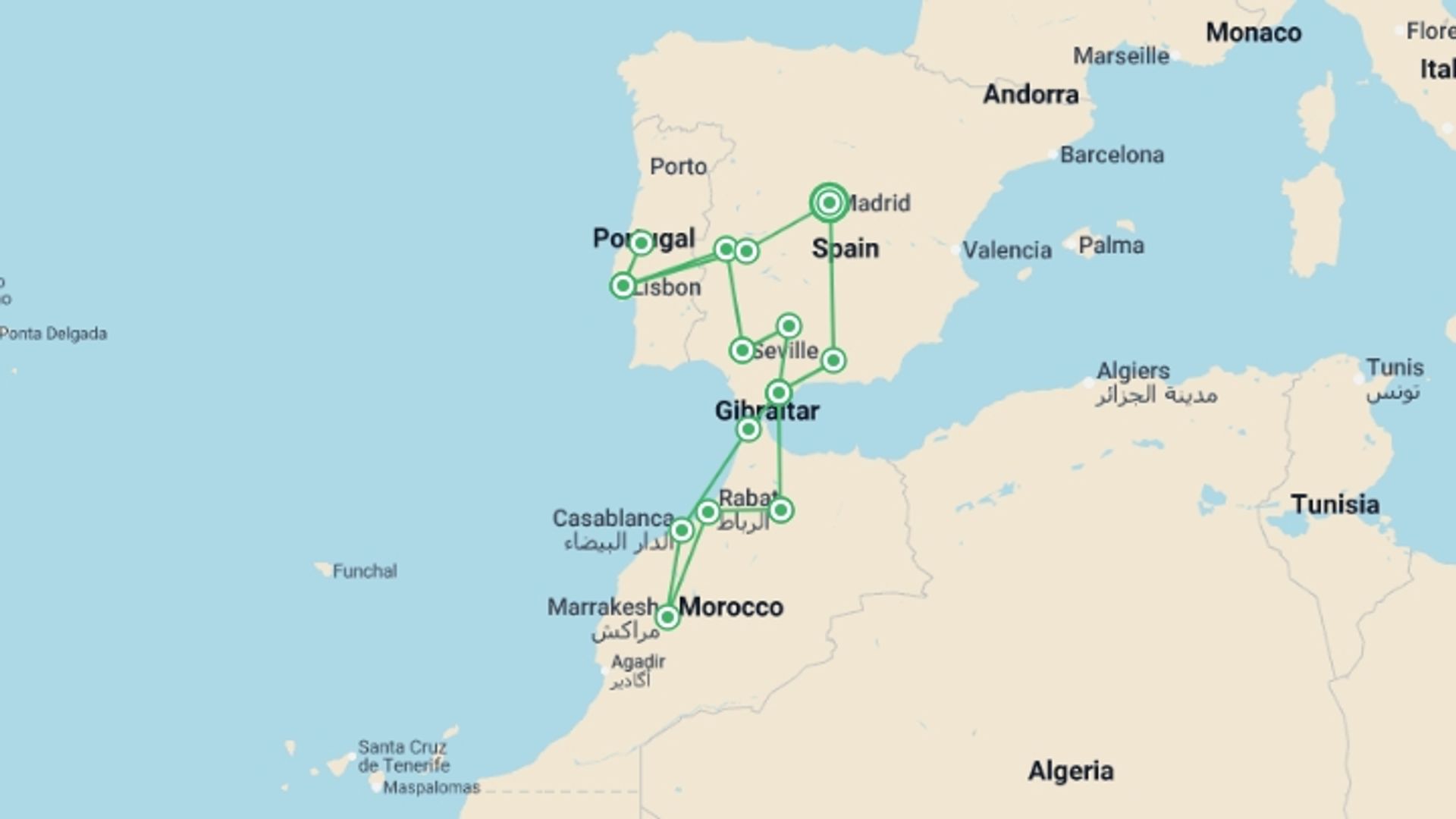 A map showing the tour itinerary for the trip: Iberian Capitals, Andalucia & Morocco - 16 days, starting in Madrid, Spain and ending in Madrid, Spain going through 8 other destinations.