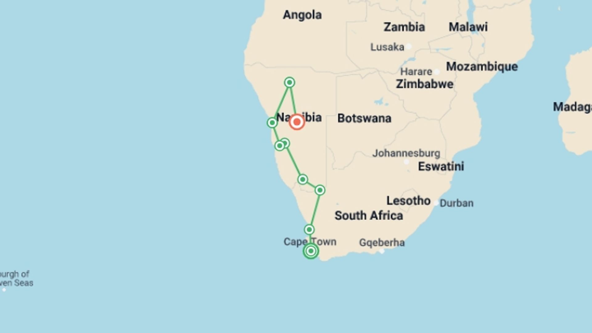 A map showing the tour itinerary for the trip: Cape and Namibia Adventure, starting in Cape Town, South Africa and ending in Windhoek, Namibia going through 7 other destinations.
