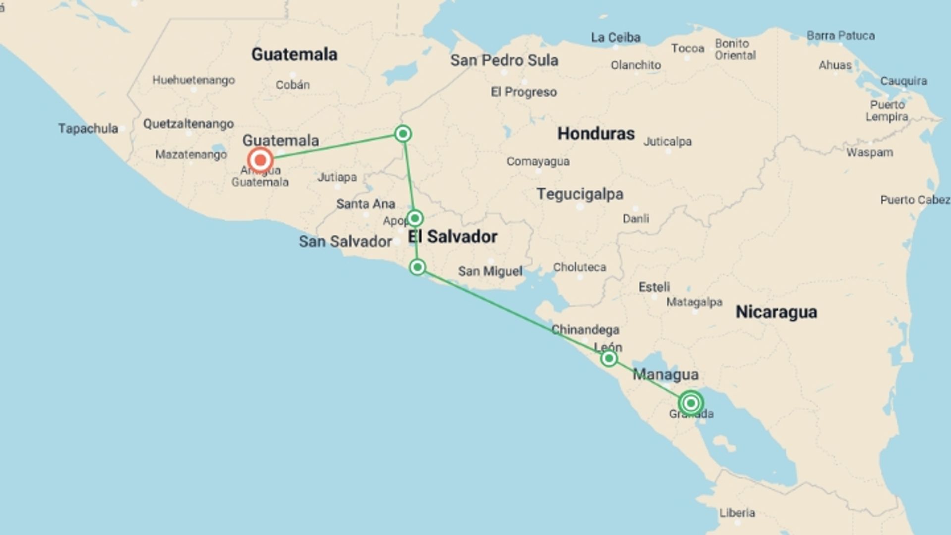 A map showing the tour itinerary for the trip: Nicaragua & Beyond, starting in Granada, Nicaragua and ending in Antigua, Guatemala going through 4 other destinations.