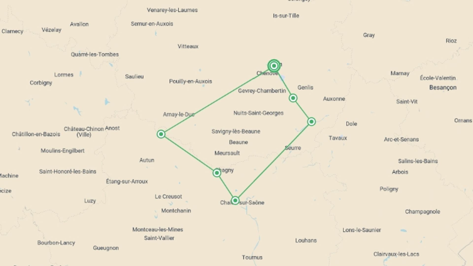 A map showing the tour itinerary for the trip: Fine Food and Wines on a Cruise through the Burgundy Region (port-to-port cruise), starting in Dijon, France and ending in Dijon, France going through 5 other destinations.