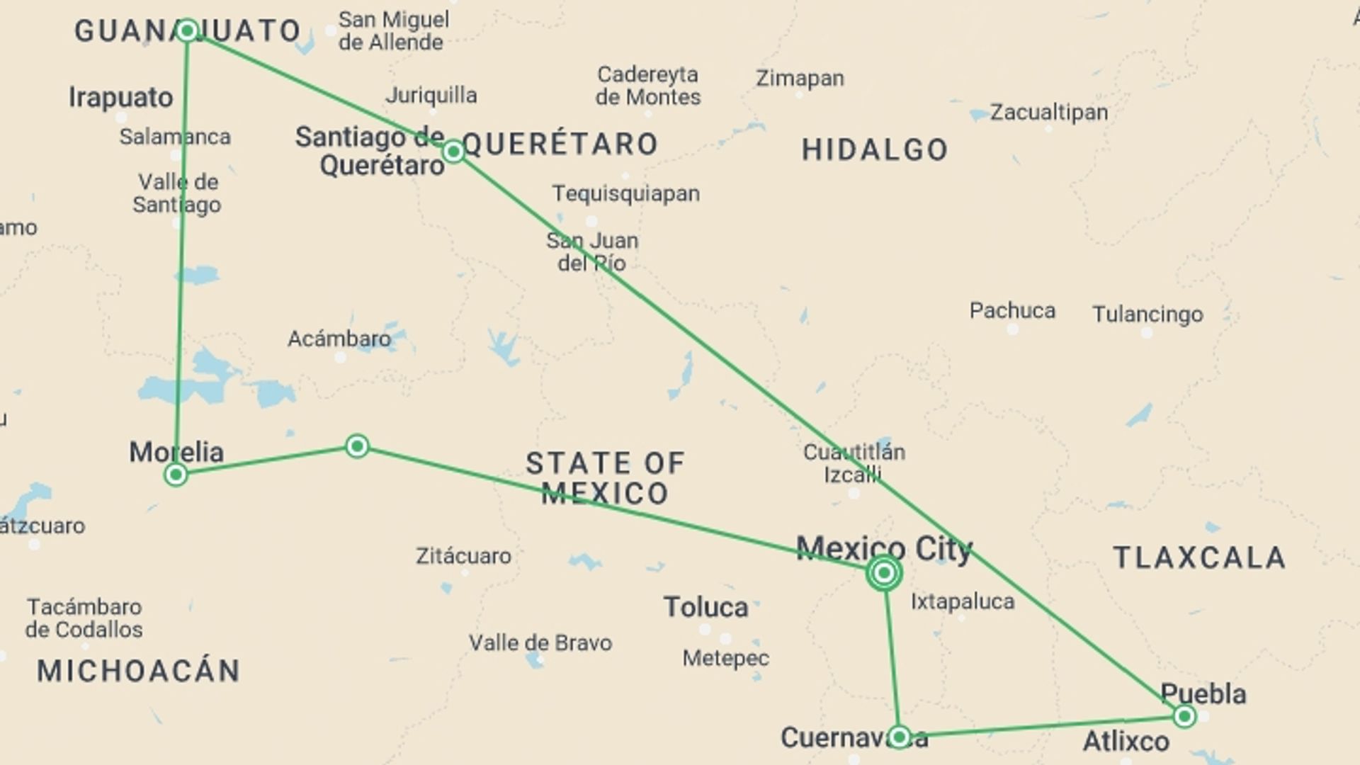A map showing the tour itinerary for the trip: Unesco Sites Mexico: Colonial Heritage And Charming Towns Tour (9 Days Tour), starting in Mexico City, Mexico and ending in Mexico City, Mexico going through 6 other destinations.