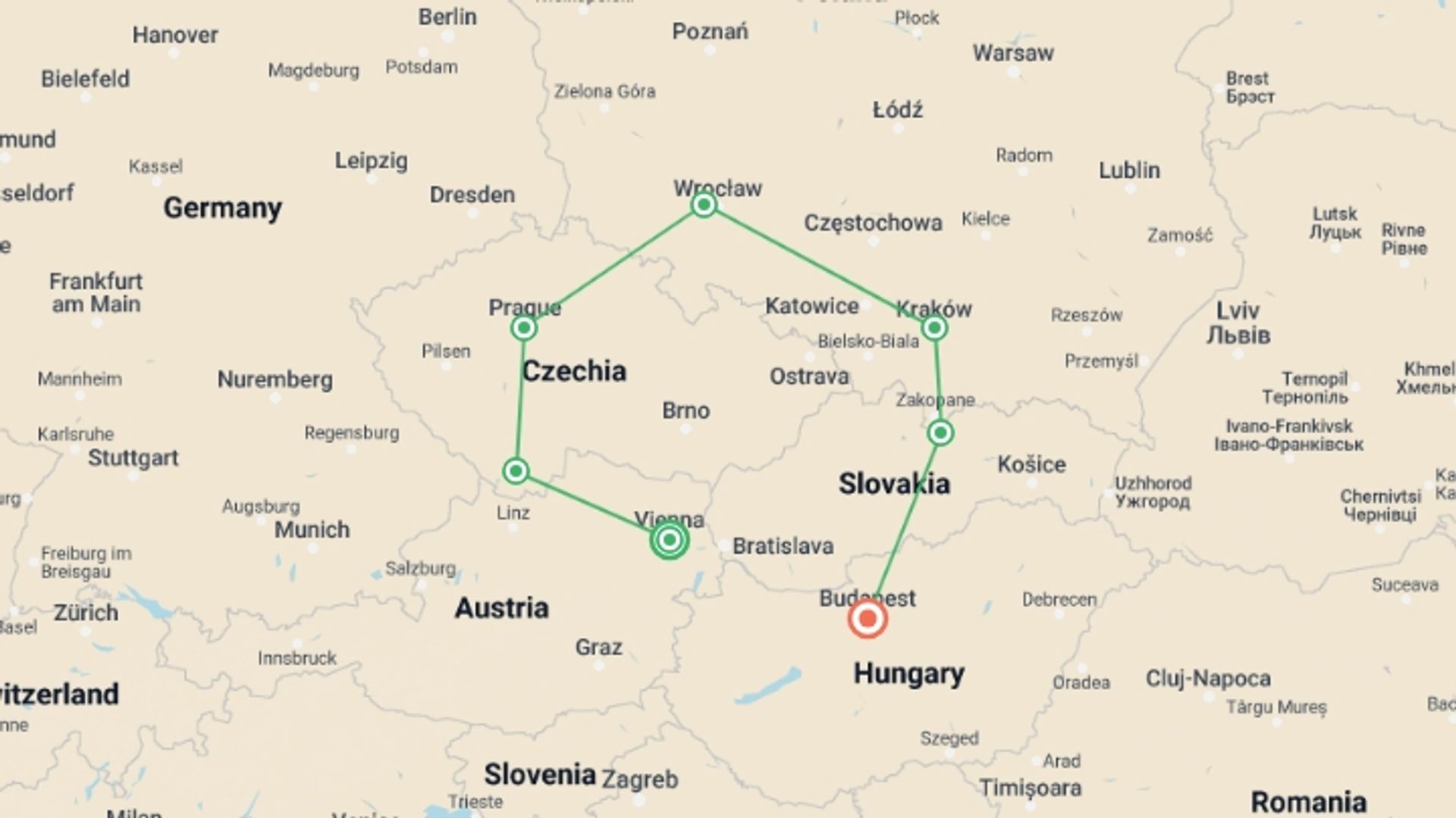 A map showing the tour itinerary for the trip: Best of Central Europe, starting in Vienna, Austria and ending in Budapest, Hungary going through 5 other destinations.