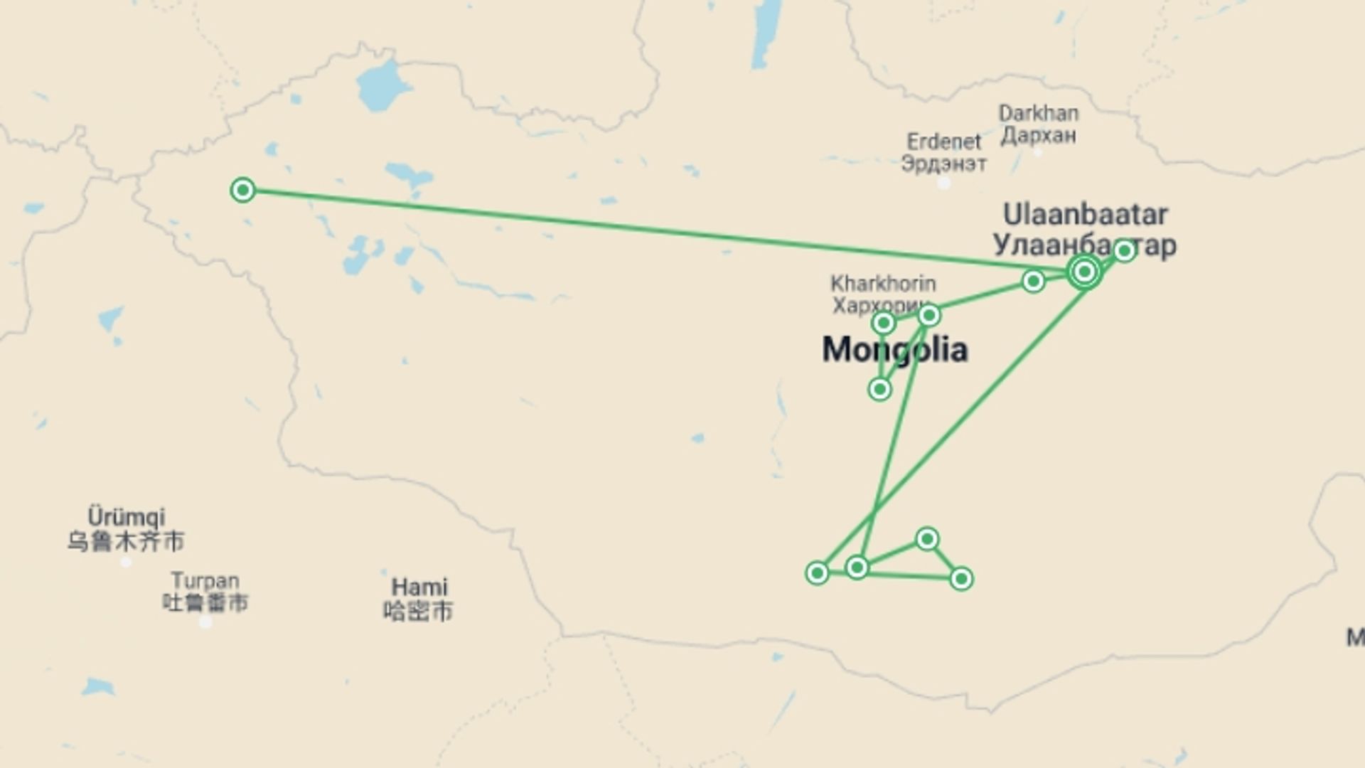 A map showing the tour itinerary for the trip: Mongolia Golden Eagle Festival, starting in Ulaanbaatar, Mongolia and ending in Ulaanbaatar, Mongolia going through 11 other destinations.