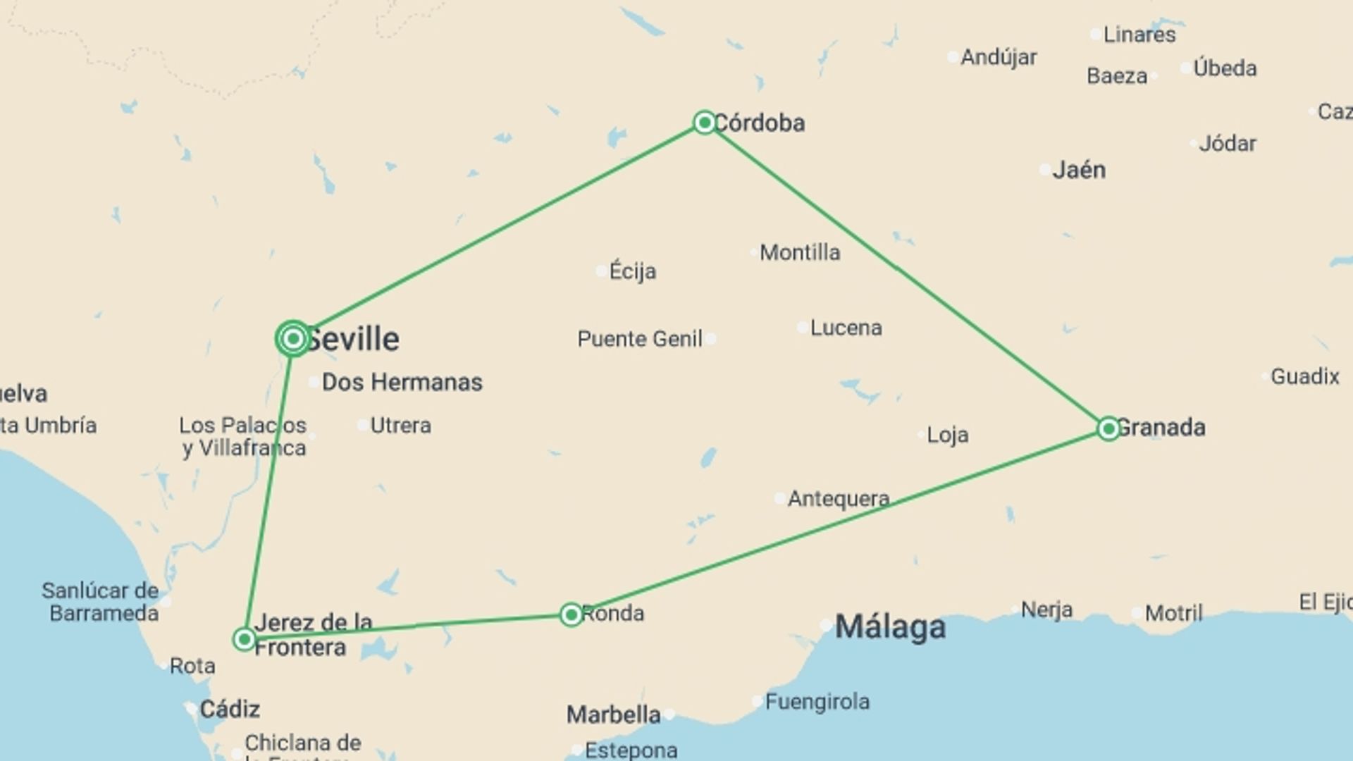 A map showing the tour itinerary for the trip: Down South, Self-drive, starting in undefined, Spain and ending in undefined, Spain going through 0 other destinations.