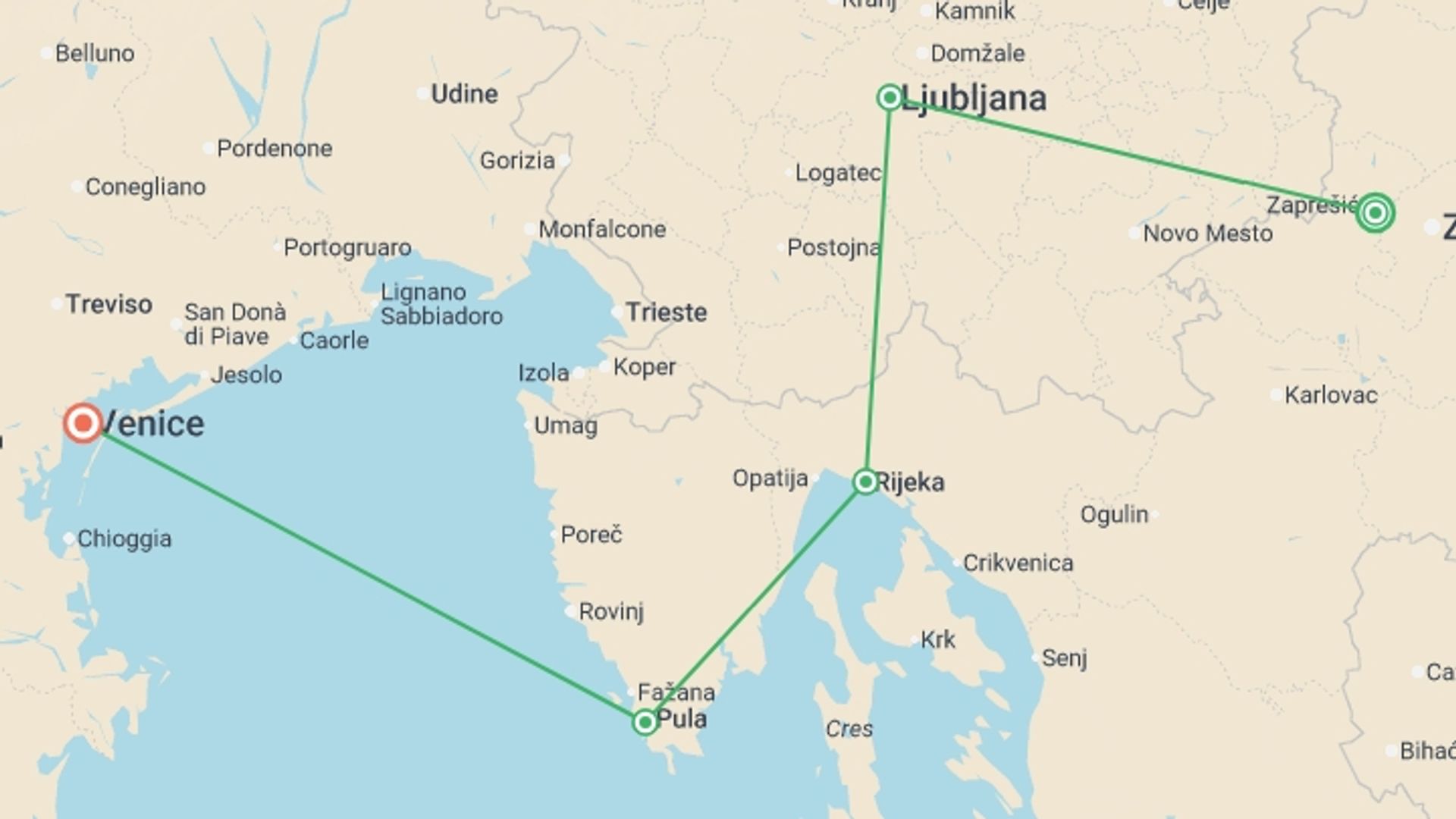 A map showing the tour itinerary for the trip: Adriatic Escape - Small Group, starting in Zagreb, Croatia and ending in Venice, Italy going through 3 other destinations.